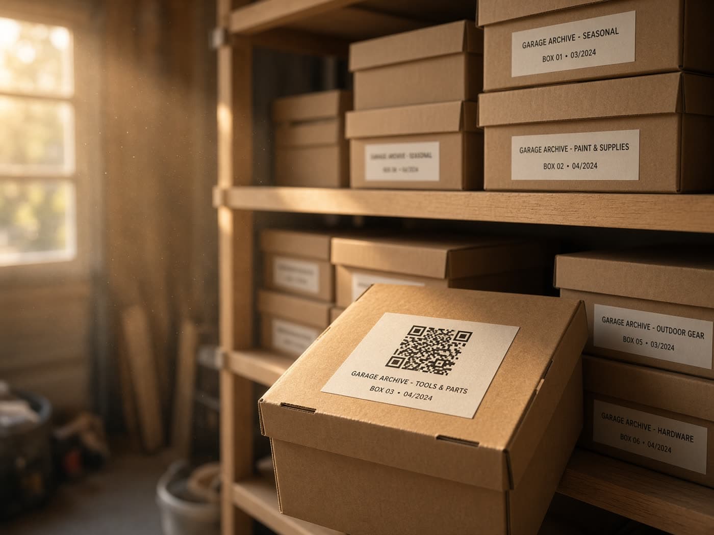 Labeled storage bins on a wooden shelf