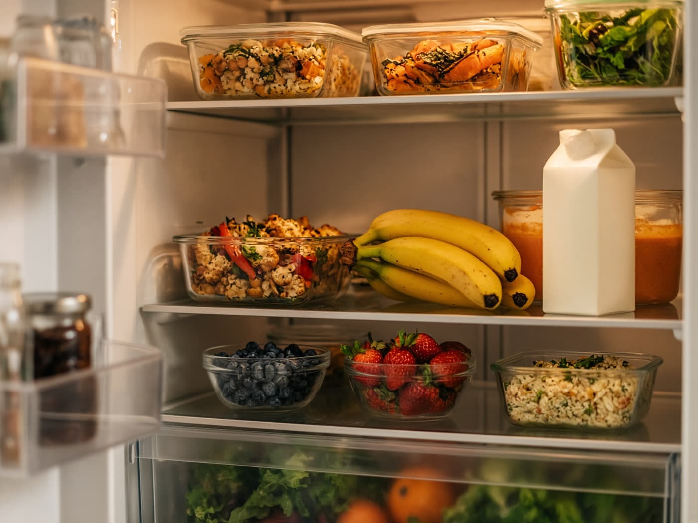 An open fridge with leftovers and fresh fruit
