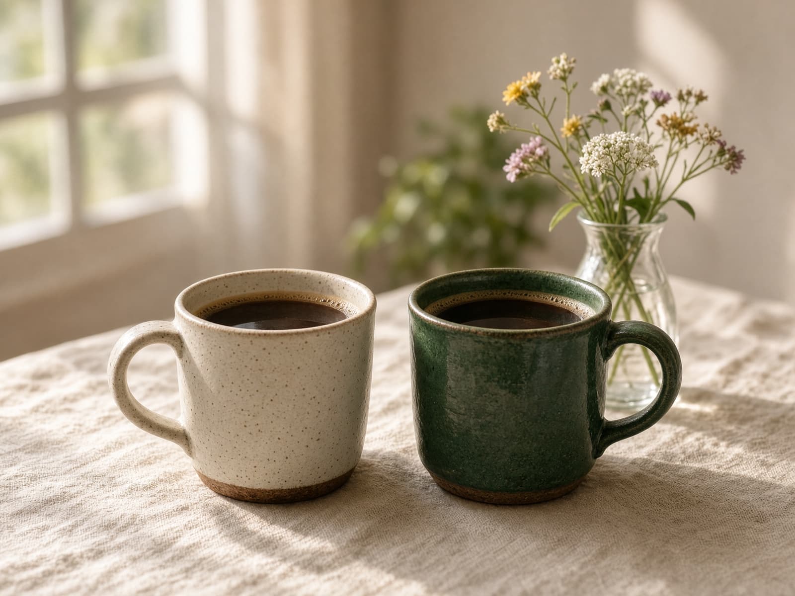 Two coffee cups on a wooden table