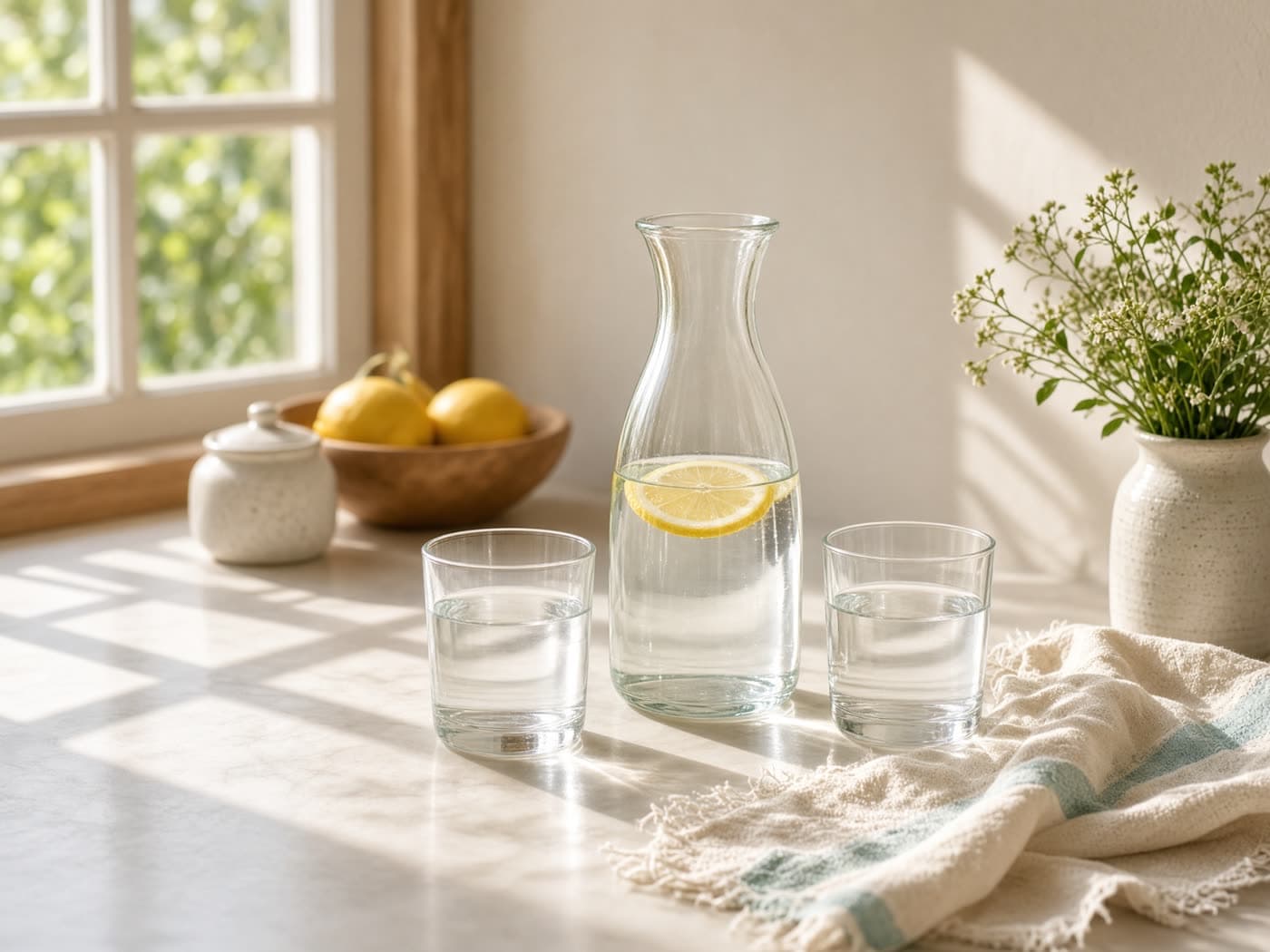 A glass carafe of water on a sunlit table