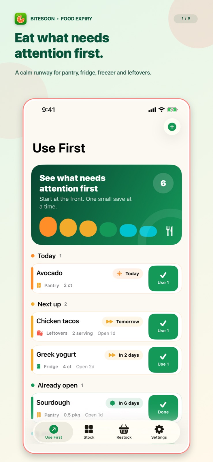 BiteSoon on iPhone, ranking food that should be eaten first.