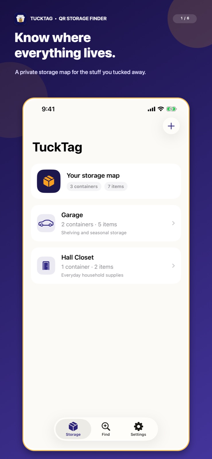 TuckTag on iPhone, showing a private home storage map.