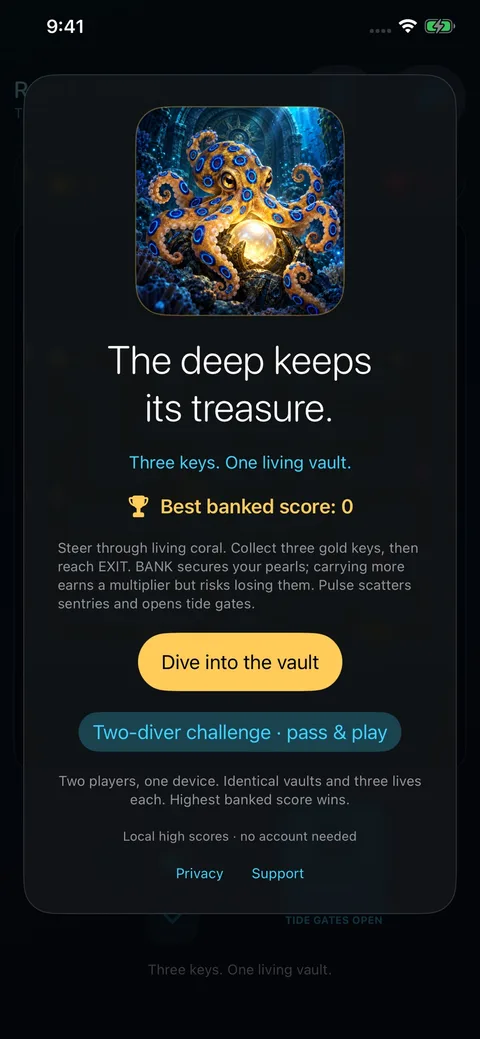Reef Vault title screen with solo and two-diver challenge options