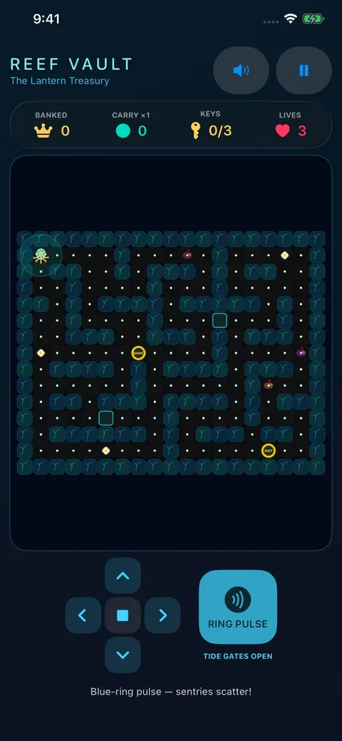 Reef Vault gameplay showing the maze, pearls, keys, sentries, and controls