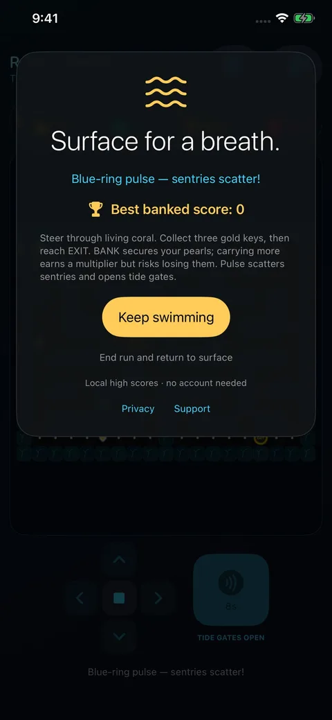 Reef Vault paused expedition with Keep swimming and End run controls