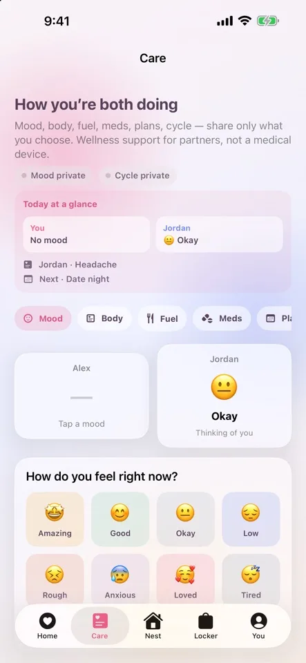 Soulmates Together App Store screenshot showing the Care screen and optional mood sharing