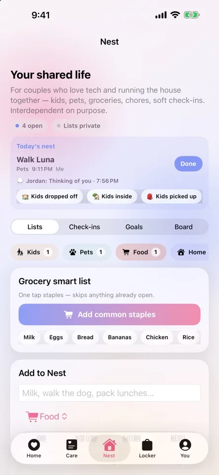 Soulmates Together App Store screenshot showing Nest household check-ins, tasks, and a grocery list