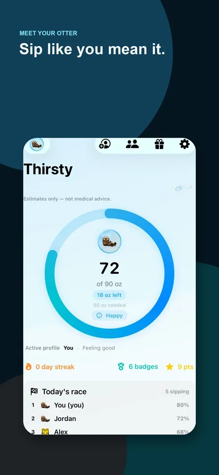 Thirsty Day App Store screenshot showing the daily water progress ring and an otter companion