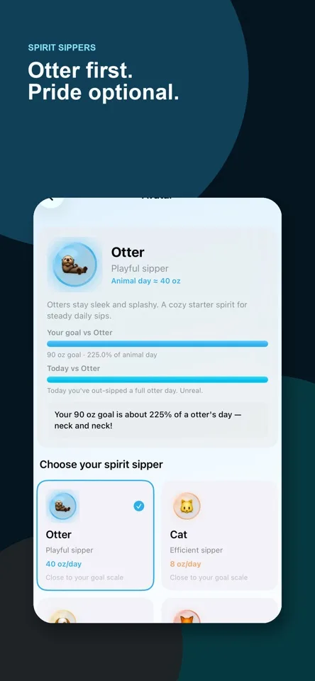 Thirsty Day App Store screenshot showing the otter companion and animal selection
