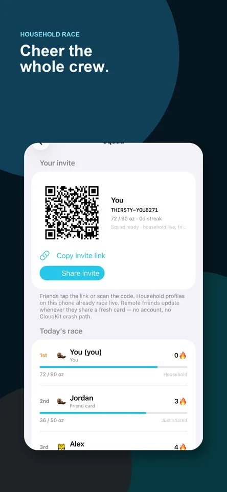 Thirsty Day App Store screenshot showing a squad invitation and daily household race