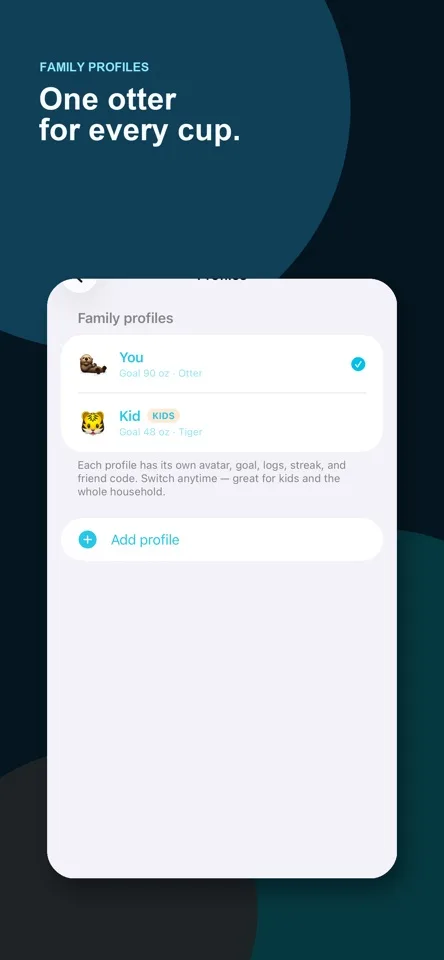 Thirsty Day App Store screenshot showing separate adult and child household profiles