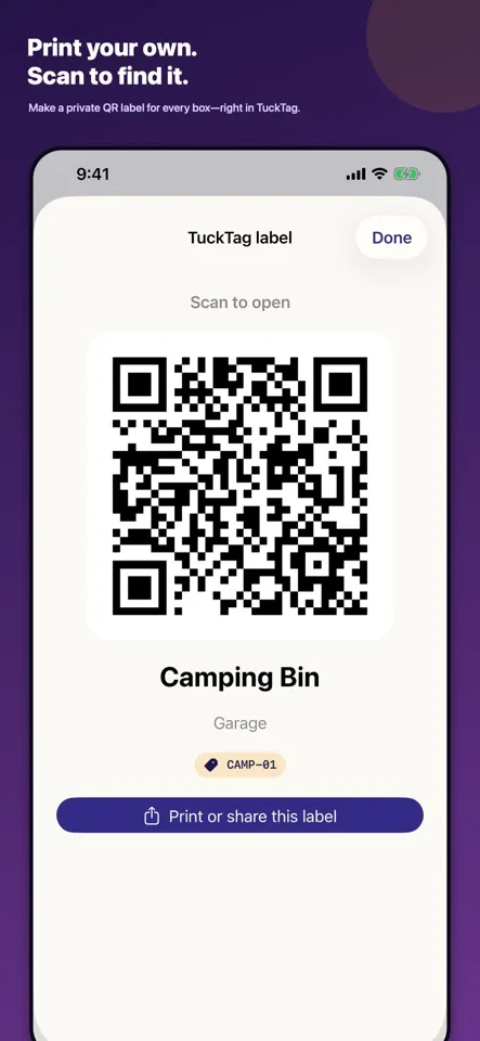 TuckTag App Store screenshot showing a printable QR label for a camping bin