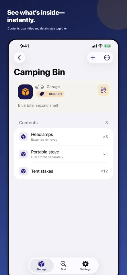 TuckTag App Store screenshot showing saved headlamps, stove, and tent stakes in a camping bin