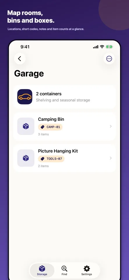 TuckTag App Store screenshot showing two saved containers in the Garage space