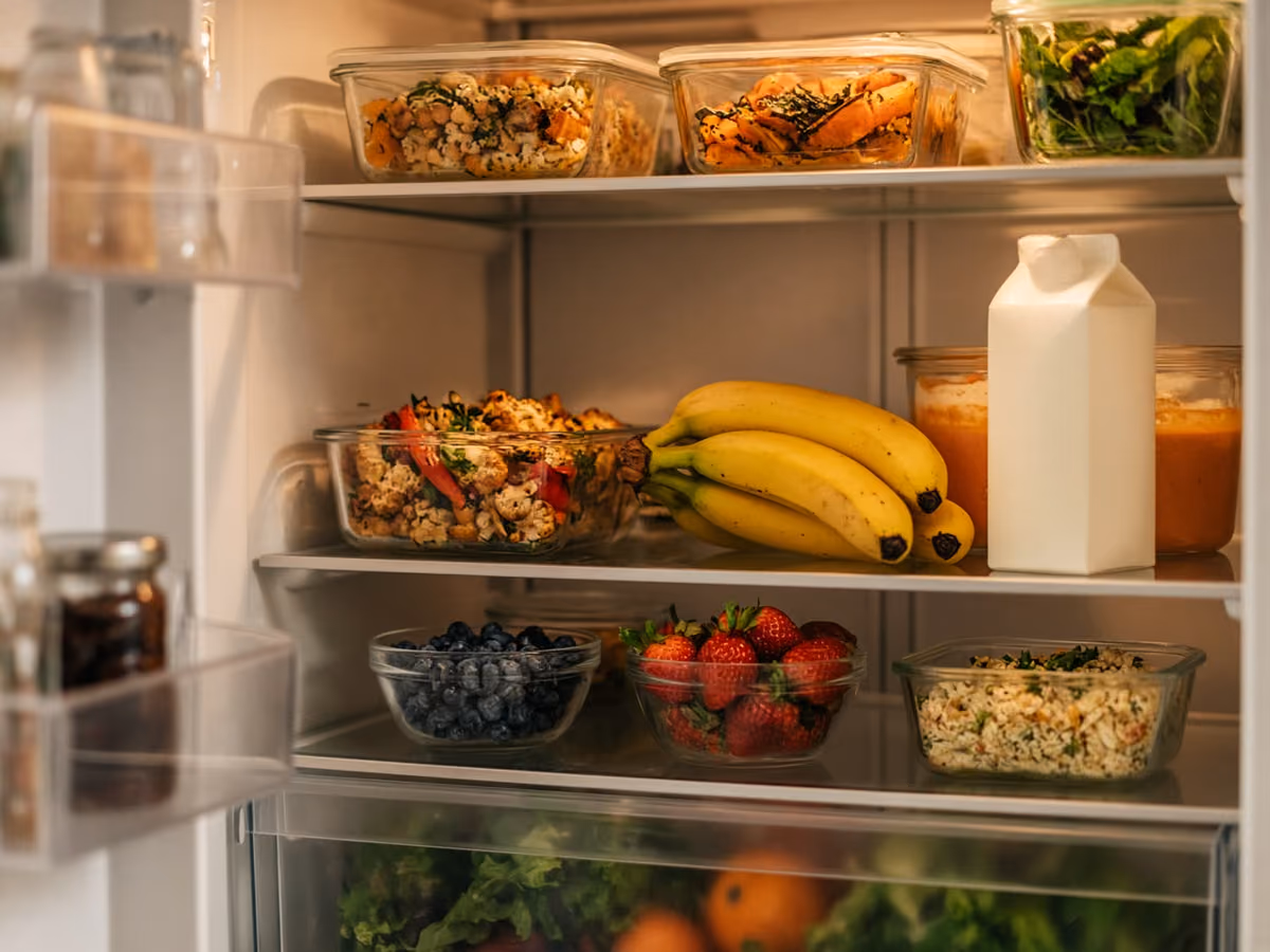 An open fridge with leftovers and fresh fruit
