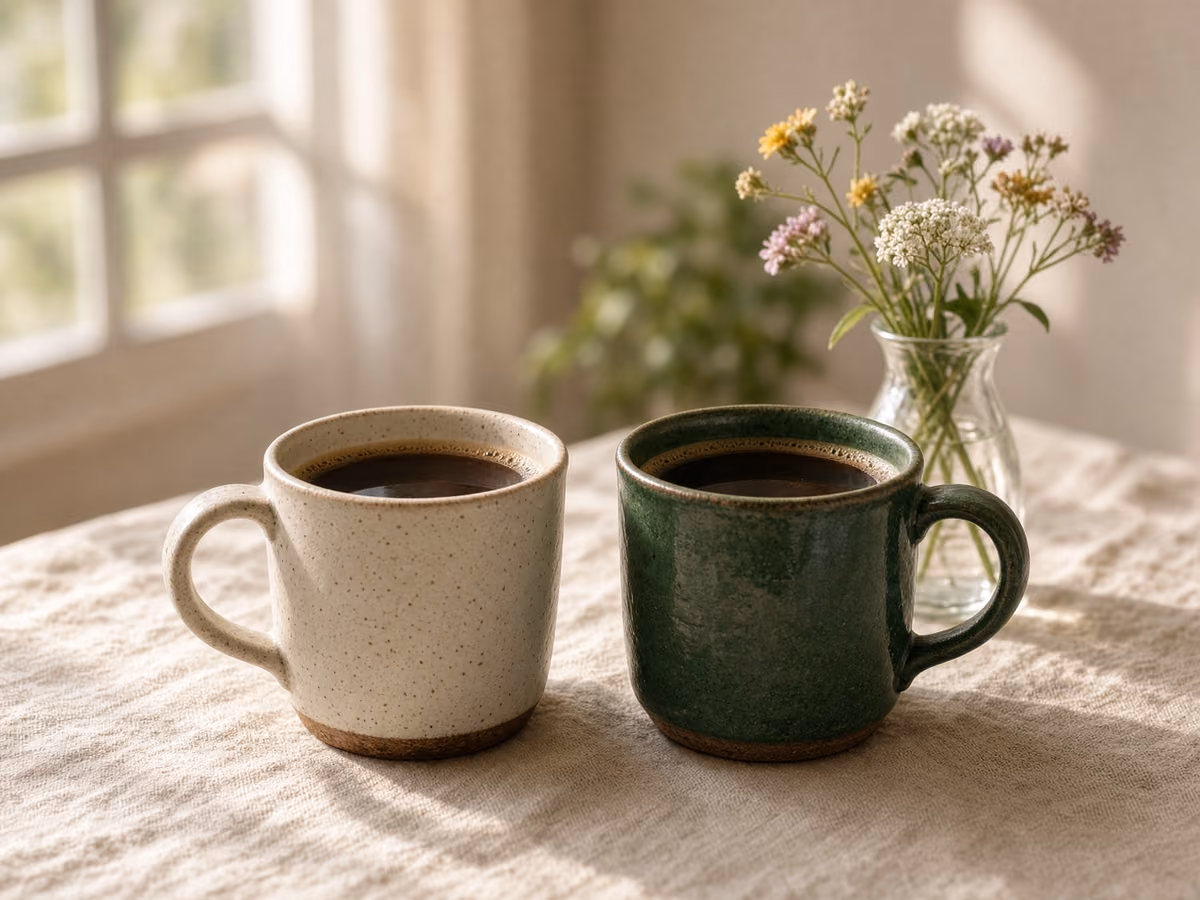 Two coffee cups on a wooden table