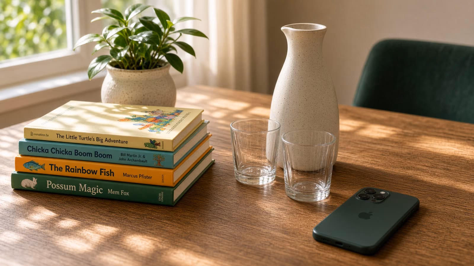 A sunlit table with picture books and a water carafe