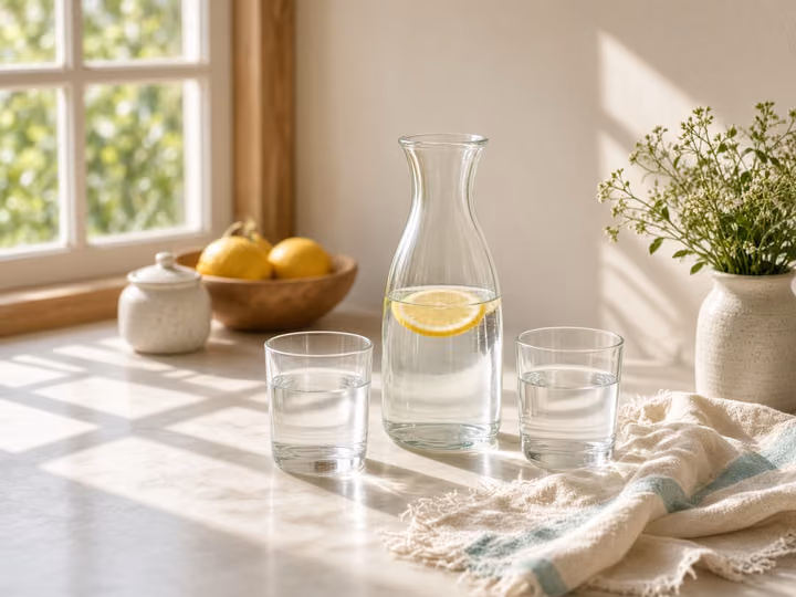 A glass carafe of water on a sunlit table