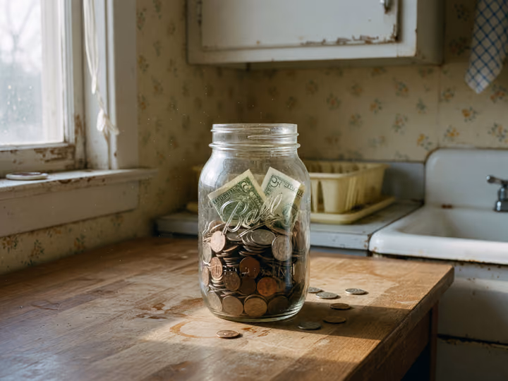 A glass mason jar of coins and folded bills on a kitchen table